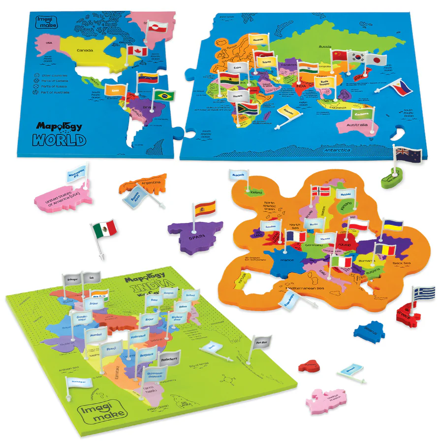 Map-of-the-World puzzle with colorful maps and flags on a white background