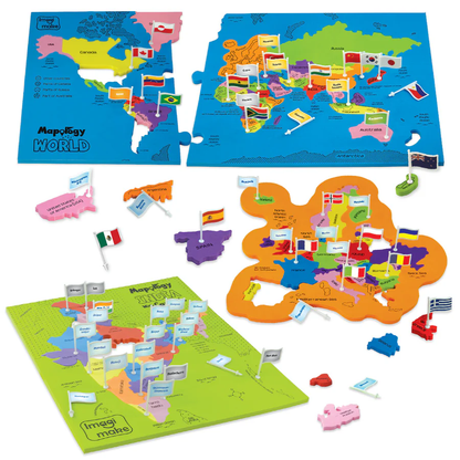 Map-of-the-World puzzle with colorful maps and flags on a white background