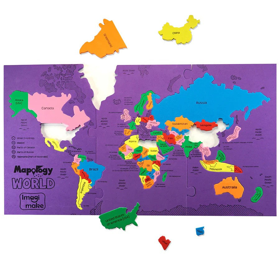 World map with colorful puzzle pieces on a purple background