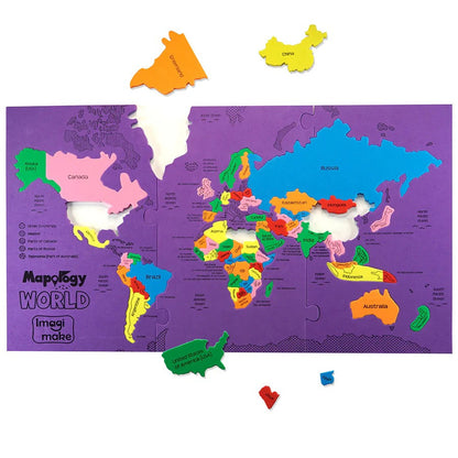 World map with colorful puzzle pieces on a purple background