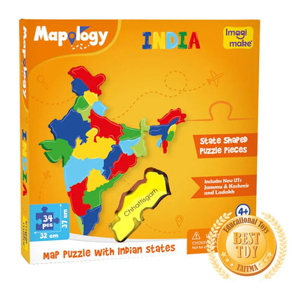 Map puzzle packaging with colorful map design and branding on an orange background
