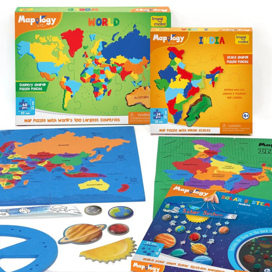 Imagimake Mapology Combo: India & World Map Puzzle And Solar System Mobile | Diy Hanging Craft Kit | Kid
