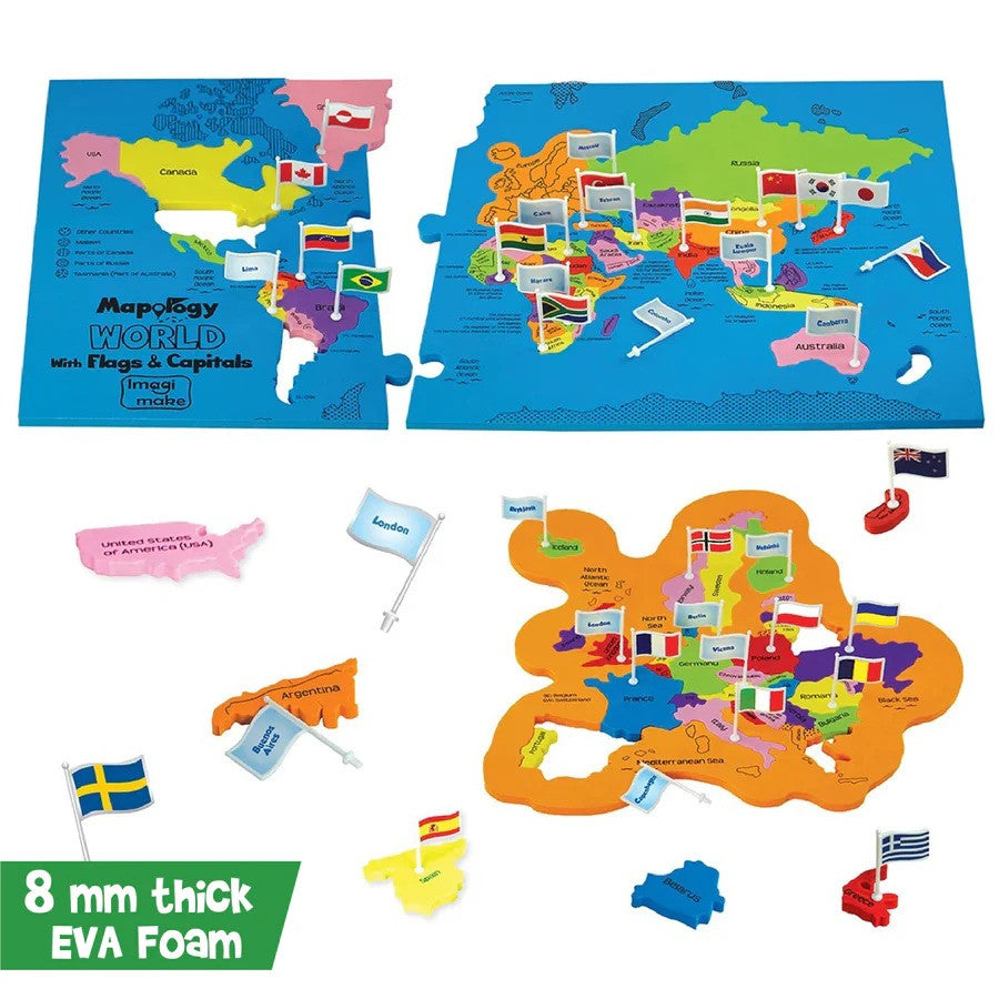World map puzzle with flags and capitals on a blue background