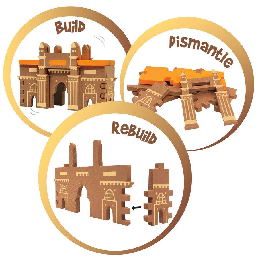 Cardboard castle model with 'Build', 'Dismantle', and 'Rebuild' text on a white background