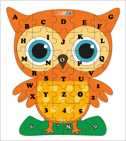 TodFod Owl Shaped Wooden Jigsaw Puzzle English Alphabets Orange Yellow - 36 Pieces
