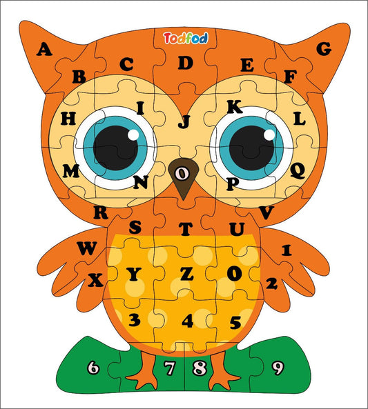 TodFod Owl Shaped Wooden Jigsaw Puzzle English Alphabets Orange Yellow - 36 Pieces