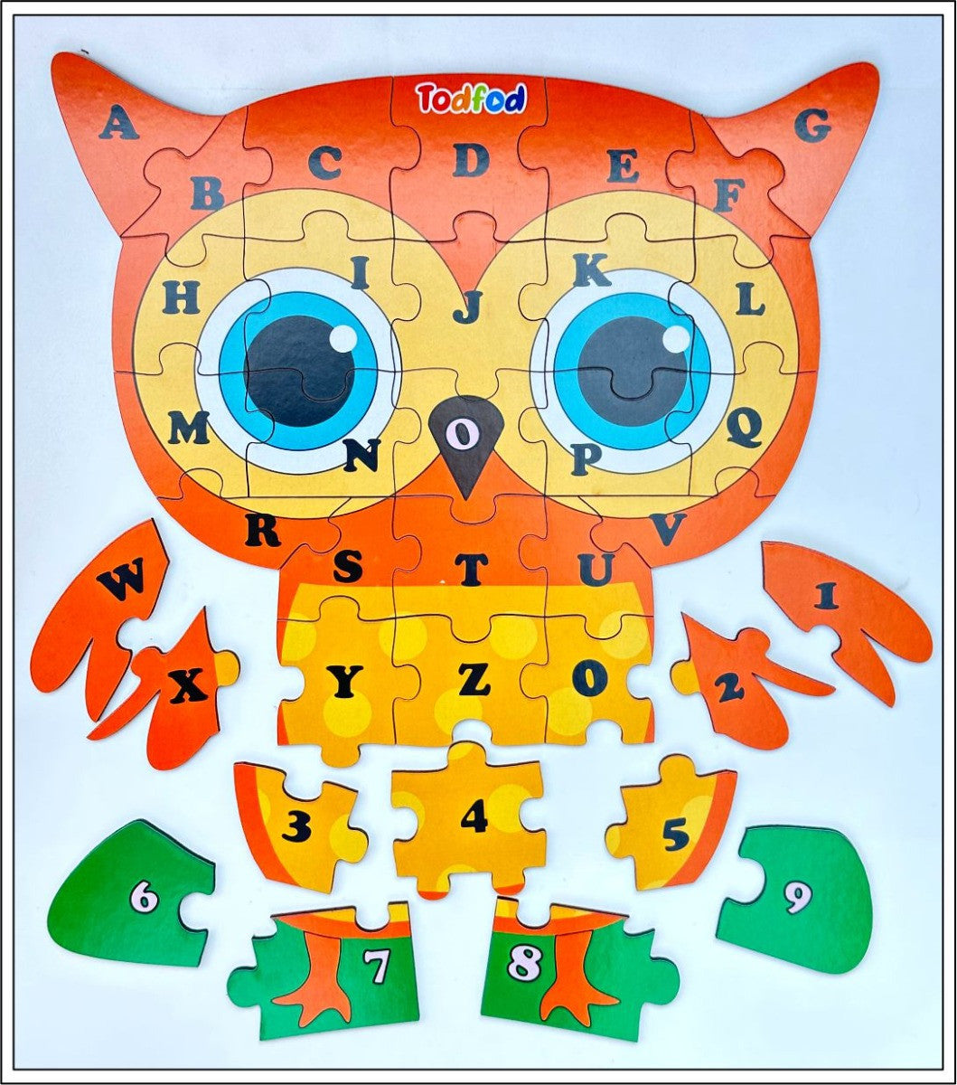 TodFod Owl Shaped Wooden Jigsaw Puzzle English Alphabets Orange Yellow - 36 Pieces