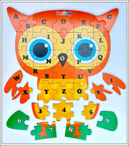 TodFod Owl Shaped Wooden Jigsaw Puzzle English Alphabets Orange Yellow - 36 Pieces