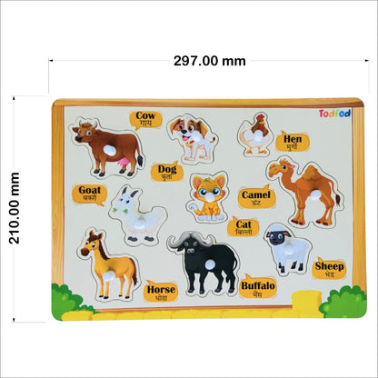 Wooden puzzle with animal figures and labels on a white background