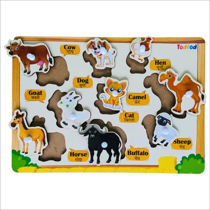 Wooden puzzle with animal figures and labels on a white background