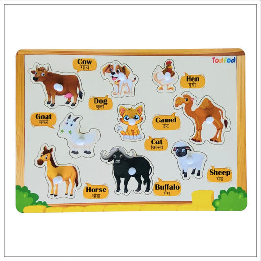 Wooden animal puzzle with labels for children, featuring various animals on a white background.