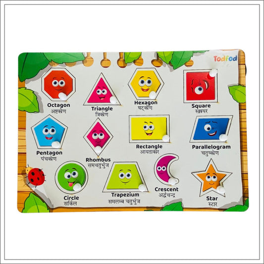 Educational children's board with geometric shapes and cartoon faces on a white background