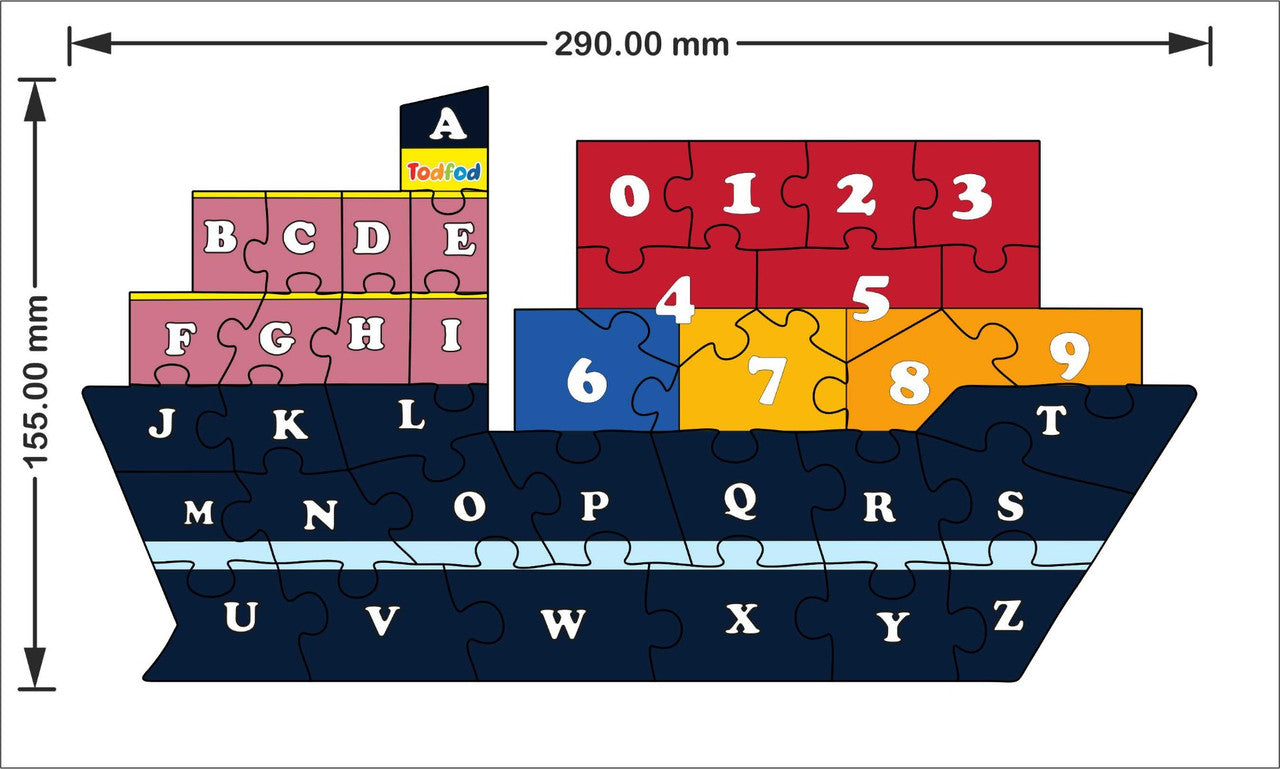 Puzzle ship with letters and numbers on a white background