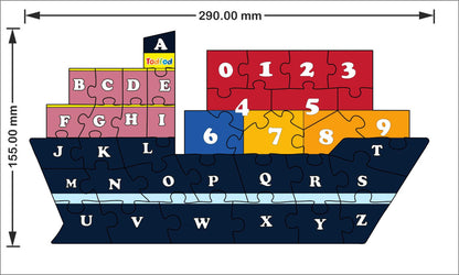 Puzzle ship with letters and numbers on a white background
