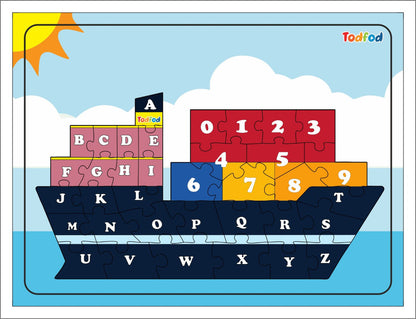 Todfod English Alphabets Wooden Jigsaw Puzzle Toy for Kids & Children, Vehicle Ship Shaped Puzzle Educational & Learning Toy | Multicolour 36 pcs. 