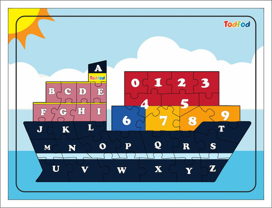 Todfod English Alphabets Wooden Jigsaw Puzzle Toy for Kids & Children, Vehicle Ship Shaped Puzzle Educational & Learning Toy | Multicolour 36 pcs. 