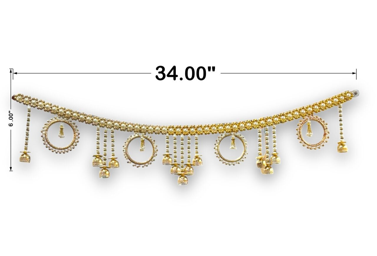 Gold necklace with pendants and measurements on a white background
