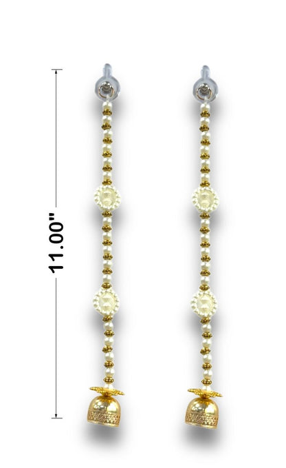 Pair of gold and pearl earrings with measurements on a white background