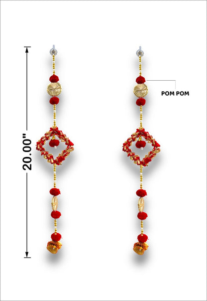 Decorative earrings with red and gold beads and pom-poms, shown with measurements on a white background.