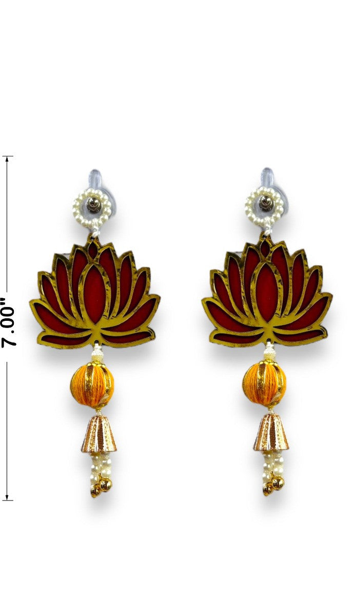 Lotus-shaped earrings with orange and gold accents on a white background