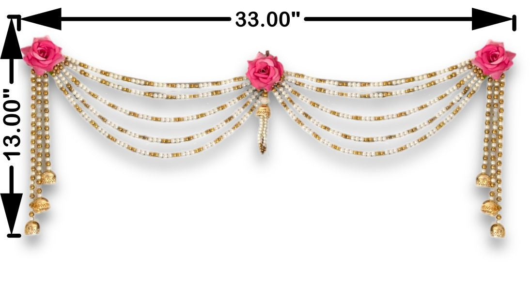 Decorative curtain with pink flowers and gold beads, shown with measurements on a white background.
