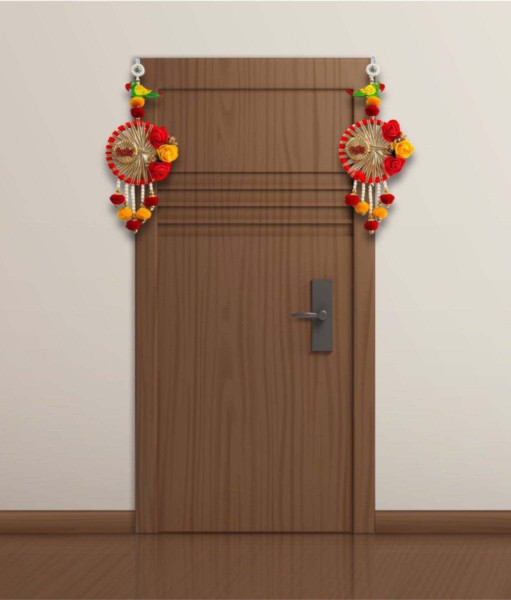 Smaran Ridhi Sidhi and Artificial Flowers Parrot Wall Hanging Latkan Dream Catcher for Home/Office Decor Hancrafted Wall Hanging/Side Door Hanging for Diwali, Navratri Pooja Festival Decoration