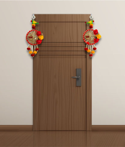 Smaran Ridhi Sidhi and Artificial Flowers Parrot Wall Hanging Latkan Dream Catcher for Home/Office Decor Hancrafted Wall Hanging/Side Door Hanging for Diwali, Navratri Pooja Festival Decoration