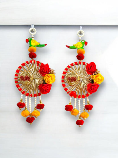 Smaran Ridhi Sidhi and Artificial Flowers Parrot Wall Hanging Latkan Dream Catcher for Home/Office Decor Hancrafted Wall Hanging/Side Door Hanging for Diwali, Navratri Pooja Festival Decoration