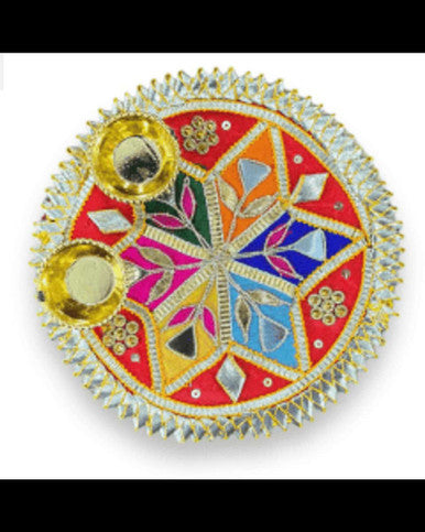 kumkum thali with 2 roli chawal Holder with Stick for Welcome Plate Home Pooja Wedding Rakhi Pooja thali Ethnic minakari Work traditinal haldi kumkum thali ((5 INCH) Design-4)