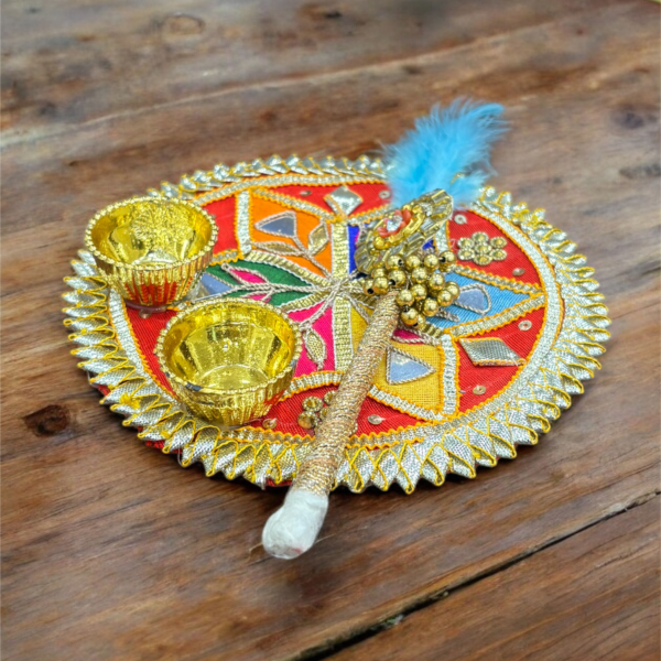 kumkum thali with 2 roli chawal Holder with Stick for Welcome Plate Home Pooja Wedding Rakhi Pooja thali Ethnic minakari Work traditinal haldi kumkum thali ((5 INCH) Design-4)