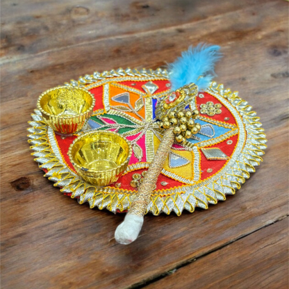 kumkum thali with 2 roli chawal Holder with Stick for Welcome Plate Home Pooja Wedding Rakhi Pooja thali Ethnic minakari Work traditinal haldi kumkum thali ((5 INCH) Design-4)