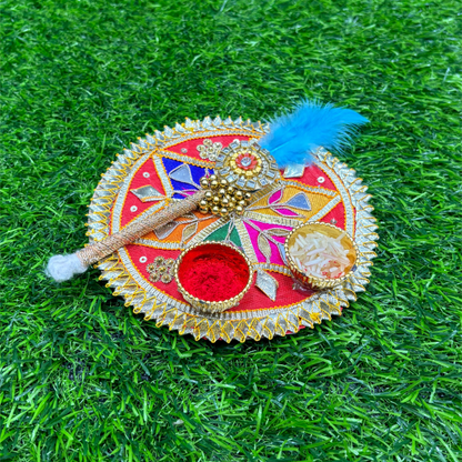 kumkum thali with 2 roli chawal Holder with Stick for Welcome Plate Home Pooja Wedding Rakhi Pooja thali Ethnic minakari Work traditinal haldi kumkum thali ((5 INCH) Design-4)