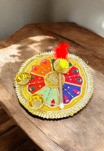 kumkum thali with 2 roli chawal Holder with Stick for Welcome Plate Home Pooja Wedding Rakhi Pooja thali Ethnic minakari Work traditinal haldi kumkum thali ((6 INCH) Design-1)