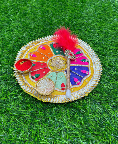 kumkum thali with 2 roli chawal Holder with Stick for Welcome Plate Home Pooja Wedding Rakhi Pooja thali Ethnic minakari Work traditinal haldi kumkum thali ((6 INCH) Design-1)