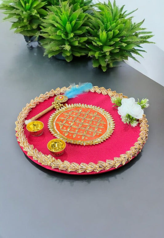 Smaran kumkum thali with 2 roli chawal Holder with Stick for Welcome Plate Home Pooja Wedding Rakhi Pooja thali Ethnic minakari Work traditinal haldi kumkum thali ((10 INCH) Design-2)