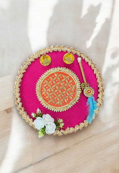 Smaran kumkum thali with 2 roli chawal Holder with Stick for Welcome Plate Home Pooja Wedding Rakhi Pooja thali Ethnic minakari Work traditinal haldi kumkum thali ((10 INCH) Design-2)