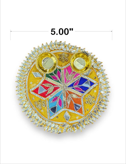 kumkum thali with 2 roli chawal Holder with Stick for Welcome Plate Home Pooja Wedding Rakhi Pooja thali Ethnic minakari Work traditinal haldi kumkum thali ((6 INCH) Design-3)