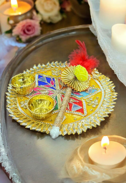 kumkum thali with 2 roli chawal Holder with Stick for Welcome Plate Home Pooja Wedding Rakhi Pooja thali Ethnic minakari Work traditinal haldi kumkum thali ((6 INCH) Design-3)