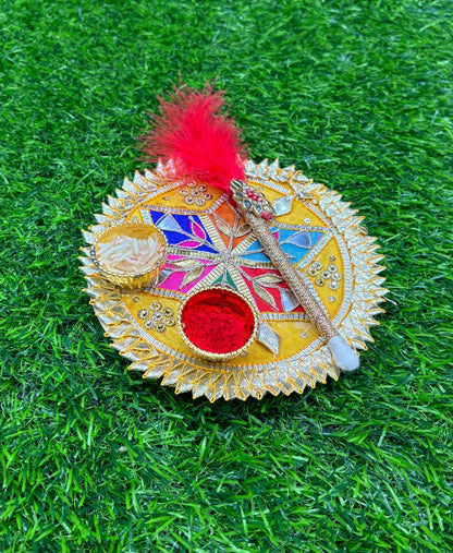 kumkum thali with 2 roli chawal Holder with Stick for Welcome Plate Home Pooja Wedding Rakhi Pooja thali Ethnic minakari Work traditinal haldi kumkum thali ((6 INCH) Design-3)