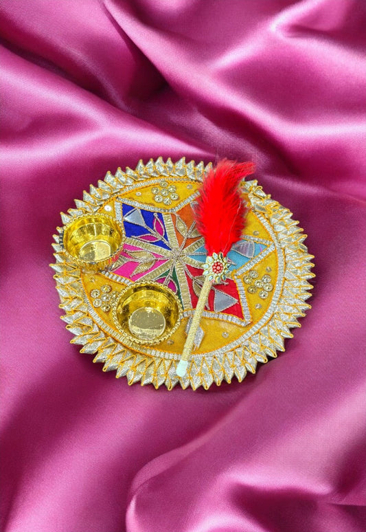 kumkum thali with 2 roli chawal Holder with Stick for Welcome Plate Home Pooja Wedding Rakhi Pooja thali Ethnic minakari Work traditinal haldi kumkum thali ((6 INCH) Design-3)