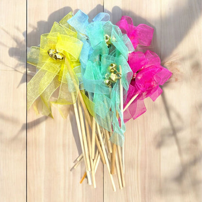 Smaran Wedding Bell Rattles for Pheras and Varmala Welcome Bells Wedding Fairy Twirling Ribbon Sticks Wands with Bell Multicolor