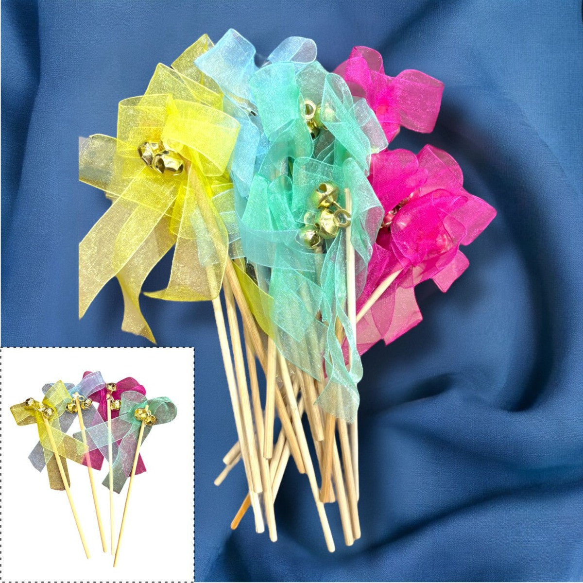 Smaran Wedding Bell Rattles for Pheras and Varmala Welcome Bells Wedding Fairy Twirling Ribbon Sticks Wands with Bell Multicolor