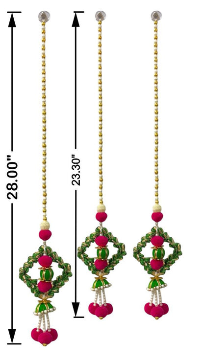 Three decorative hanging ornaments with measurements on a white background