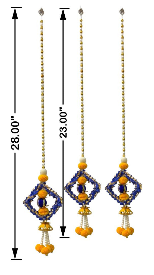 Decorative earrings with blue and yellow beads, shown with measurements on a white background.