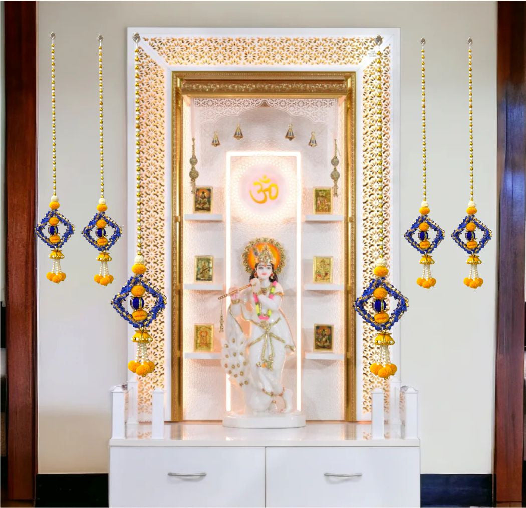 Smaran Handmade Wall Hanging Latkan Toran with Pom Pom & Golden White Beads for Door/Wall Hanging for Home Decor, Pooja Room, Festival Decoration Main Door Entrance Decoration (Set of 3)