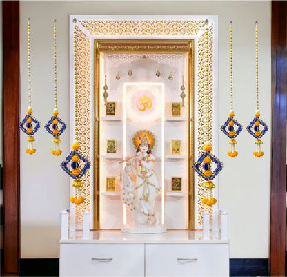 Smaran Handmade Wall Hanging Latkan Toran with Pom Pom & Golden White Beads for Door/Wall Hanging for Home Decor, Pooja Room, Festival Decoration Main Door Entrance Decoration (Set of 3)