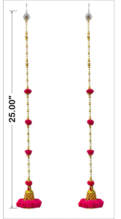 Pair of long earrings with pink and gold beads and measurements on a white background