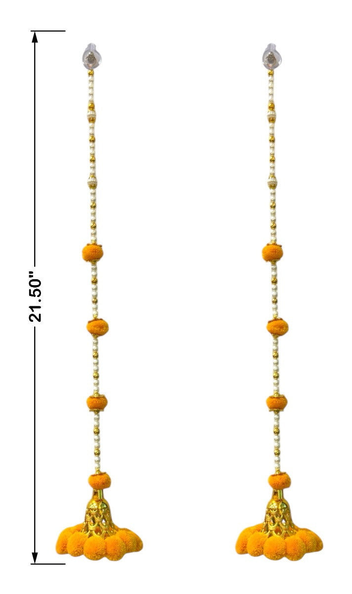 Decorative hanging with yellow balls and gold beads, shown with dimensions on a white background.