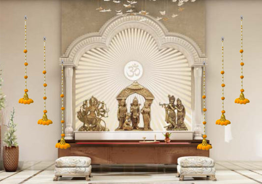 Smaran Traditiona Handmade Door Hanging, Toran with Pom Pom, Golden White Beads & Bell for Main Door and Wall Hanging for Home Decor, Pooja Room, Latkan for Festival Decoration - Yellow (Set of 2)