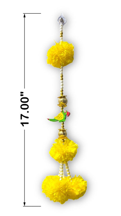 Decorative hanging with yellow balls and measurements on a white background